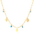 The "Hamsa Hands and Blue Evil Eye Charms Pendant Necklace" is a 14k gold-filled piece, featuring small Hamsa hand charms and blue evil eye beads, evenly distributed along its delicate chain.
